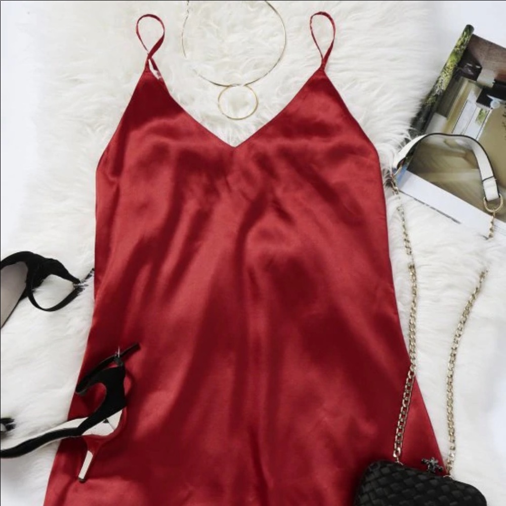 Red satin slip dress